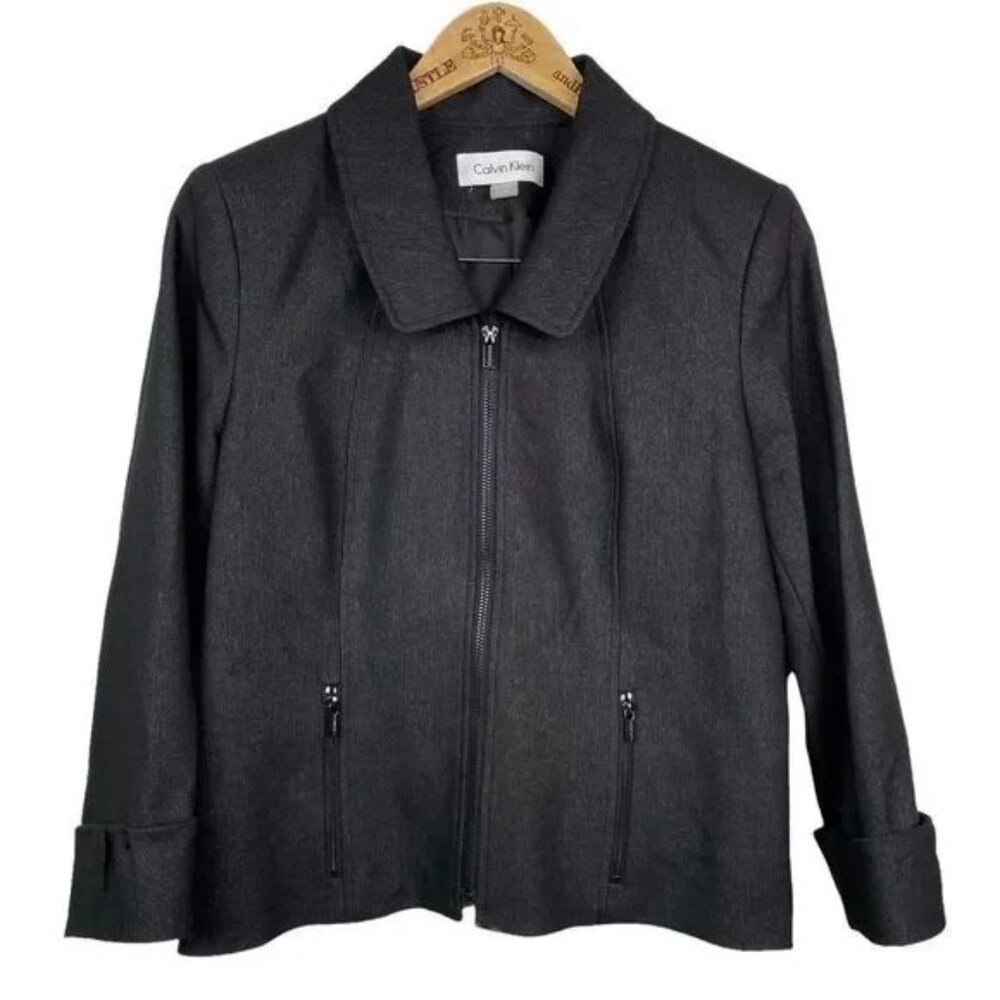 CALVIN KLEIN WOMEN'S BLACK‎ METALLIC ZIP FRONT STRETCH JACKET 12P-EUC